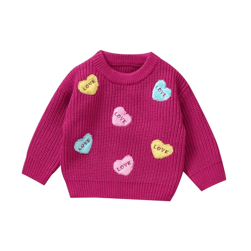 Valentines Day Toddler Heart Pattern Knit Sweater Round Neck