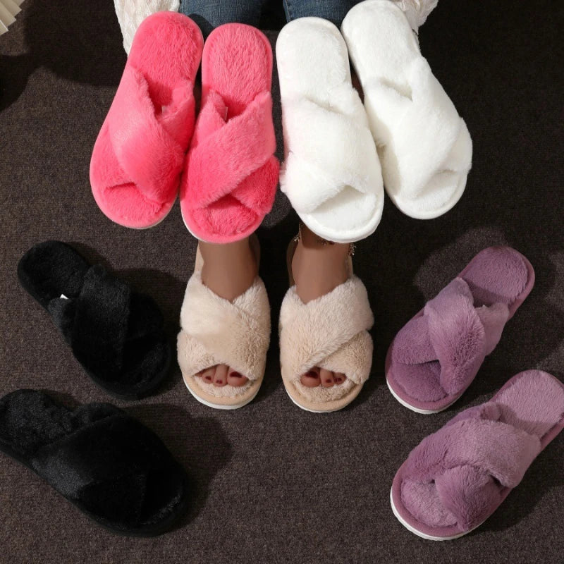 Women Cross Strap Fur Slippers Indoor Plush Home Shoes