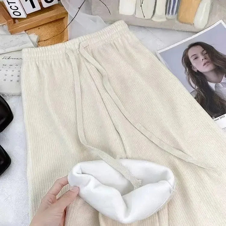 Hebei Craft Of Weaving Winter Cashmere Fleece Lined Wide Leg Pants High Waist