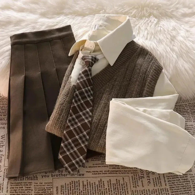 Teenage Girl Clothing Set Spring and Autumn Fashion Children's Knitted Sweater Tank Top Shirt Half Skirt 3-Piece Set JK Suit