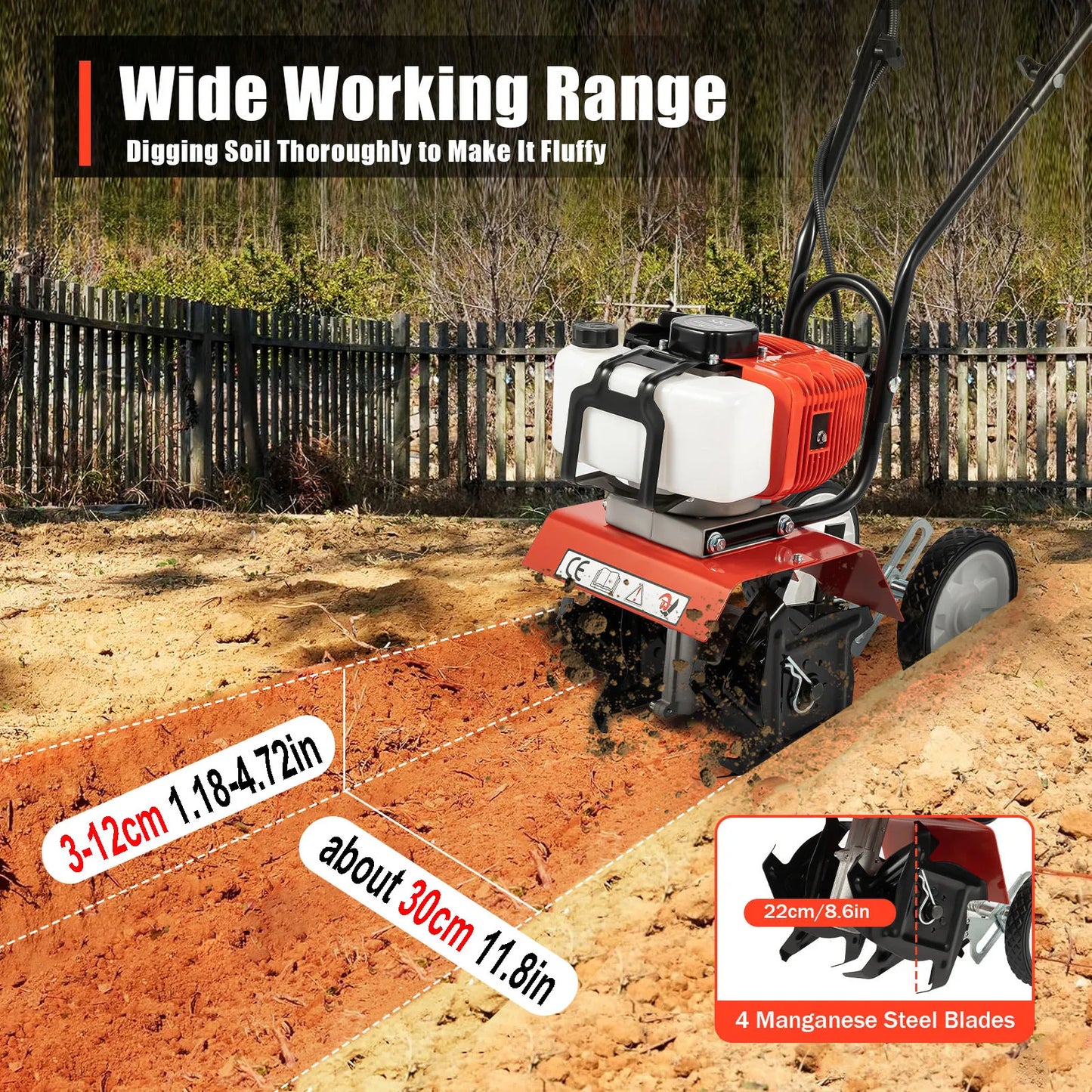 Bymaocar 52cc Gasoline Garden Tiller Cultivator Two Stroke Air Cooled