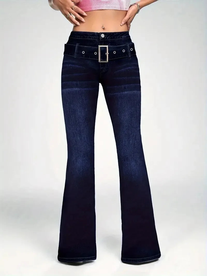 Womens Slim Fit Flare Jeans With Decorative Strap Buckle