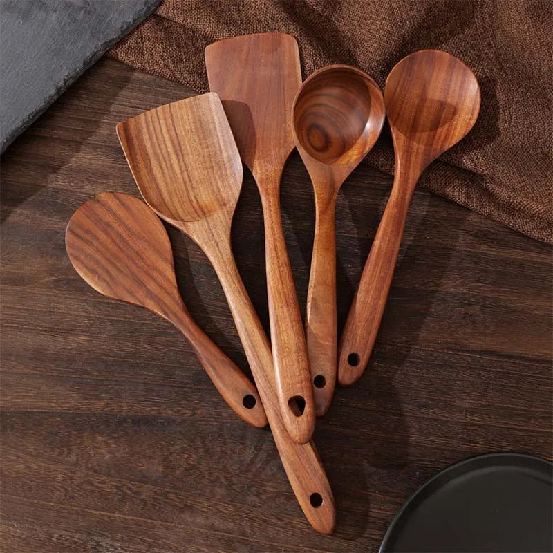 Teak Wood Utensil Set 5-Piece Kitchen Tools For Home Chefs