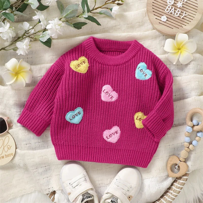 Valentines Day Toddler Heart Pattern Knit Sweater Round Neck