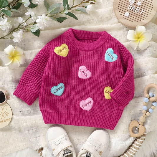 Valentines Day Toddler Heart Pattern Knit Sweater Round Neck