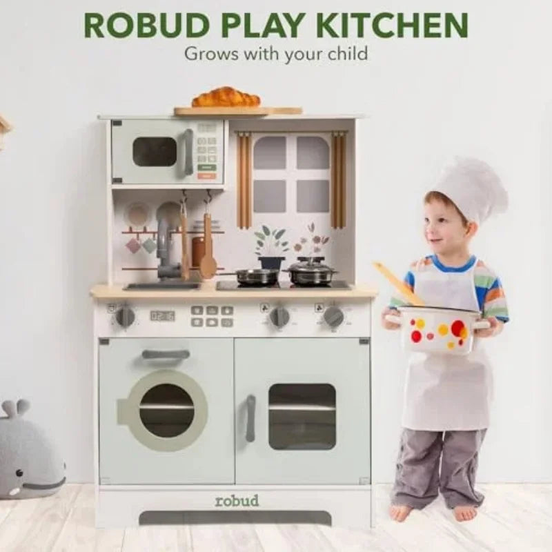 Robotime Robud Play Kitchen Wooden Pretend Playset Lights and Sounds