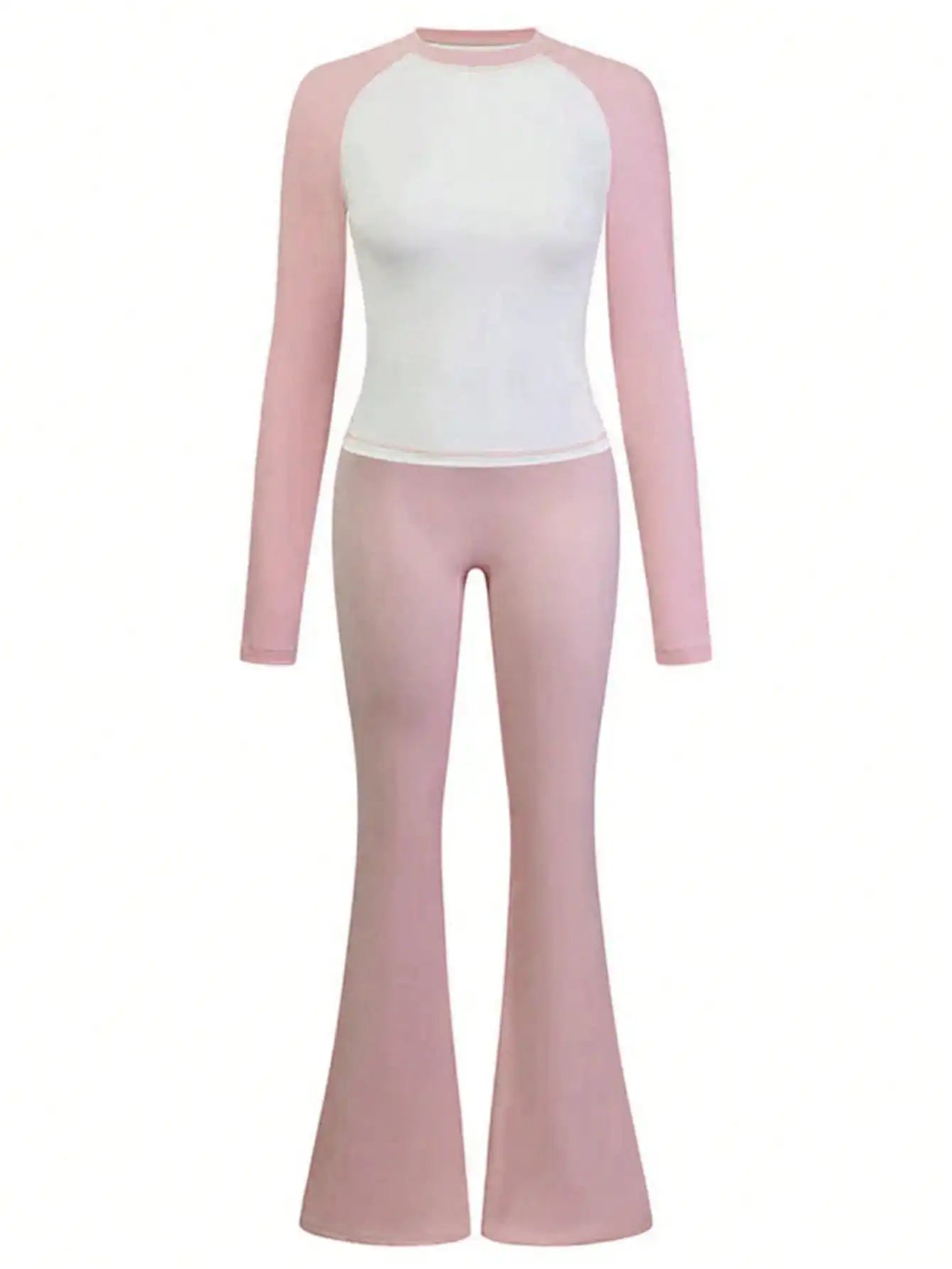 Fisoew Women Contrast Color Top And Flare Pants Sports Set