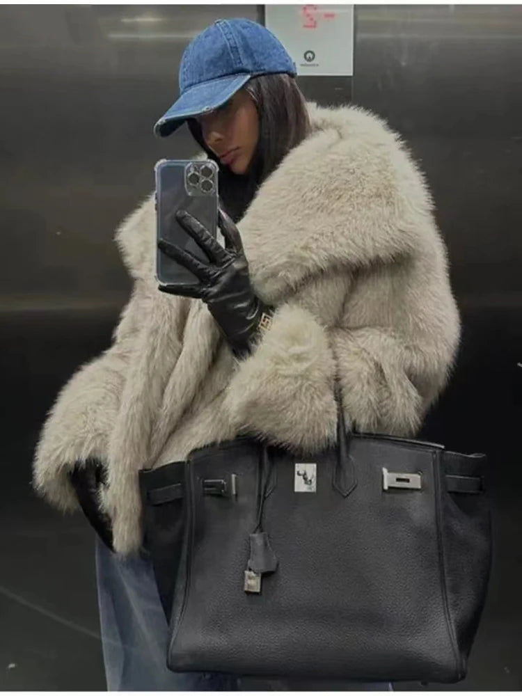 Siyang Faux Fur Coat Women Turn Down Collar Winter Streetwear